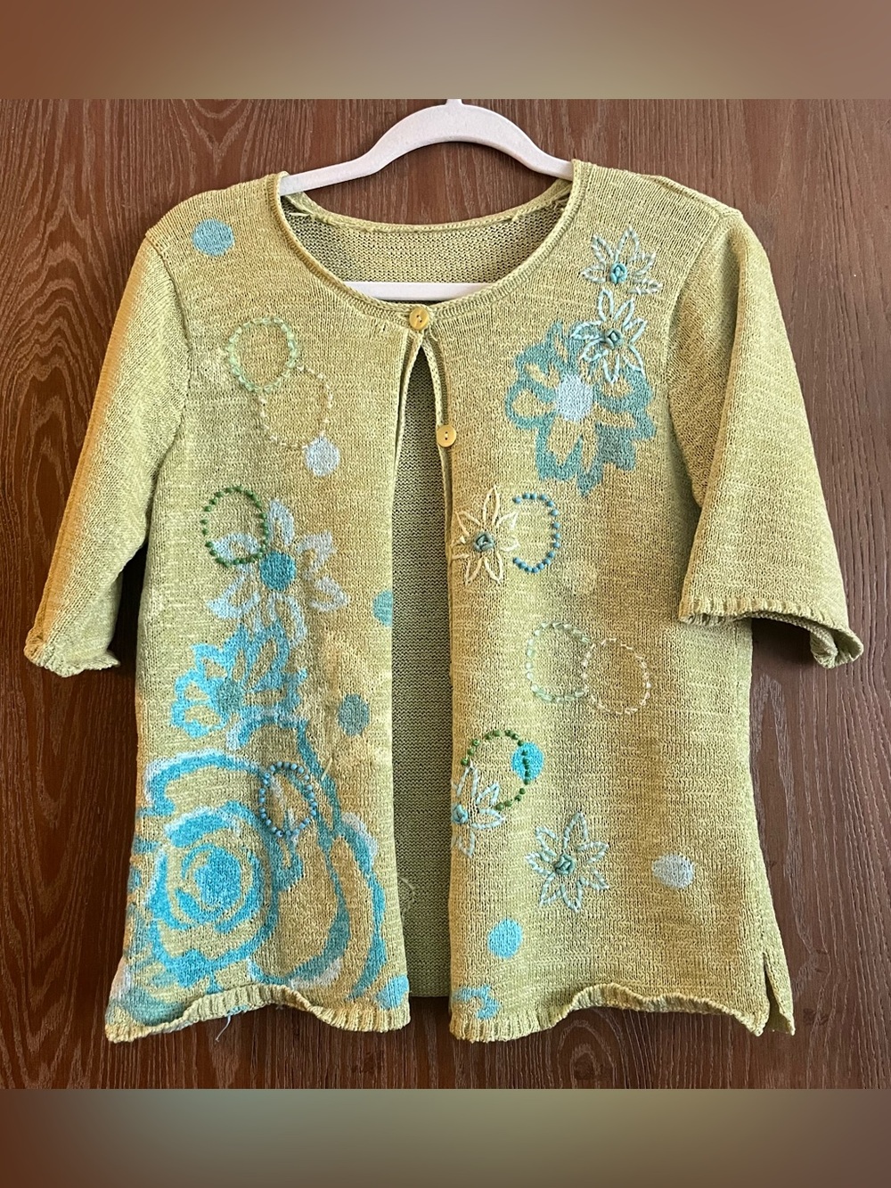 Vintage green blue knit floral beaded accent cardigan Large